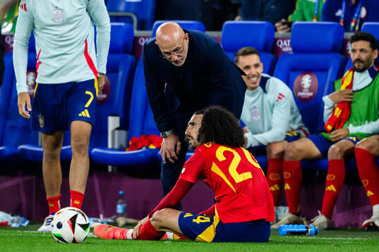 Head coach Luis De La Fuente and Marc Cucurella of Spain