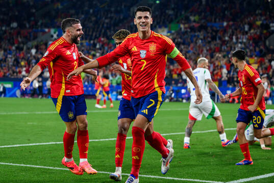 Daniel Carvajal, Lamine Yamal and Alvaro Morata of Spain