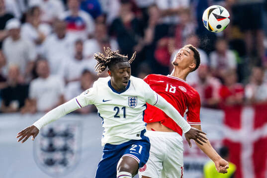 Eberechi Eze of England and Alexander Bah of Denmark