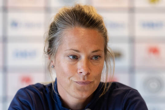 Kristianstads tränare Johanna Almgren på presskonferensen