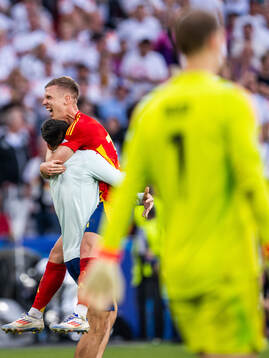 Alvaro Morata and Daniel Olmo of Spain celebrate