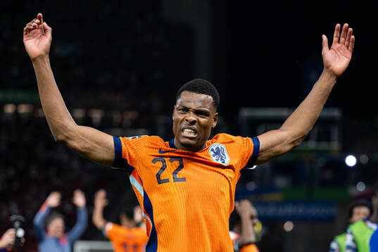 Denzel Dumfries of Netherlands celebrates
