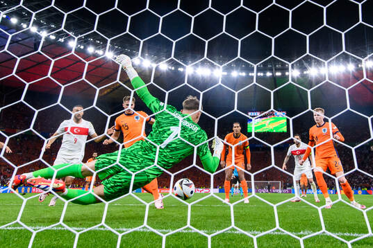 goalkeeper Bart Verbruggen of Netherlands with a save