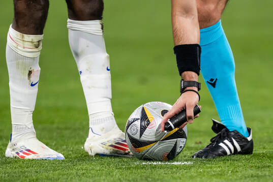 Referee Slavko Vincic sprays next to the ball