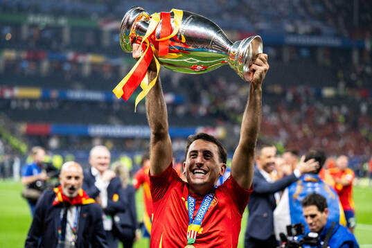Martin Zubimendi of Spain celebrates with the trophy