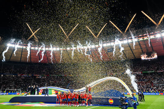 Players of Spain celebrate with the trophy