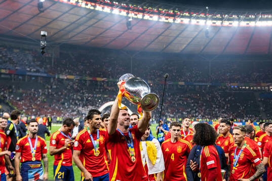 Aymeric Laporte of Spain celebrates with the trophy