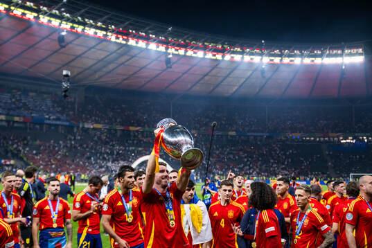 Aymeric Laporte of Spain celebrates with the trophy