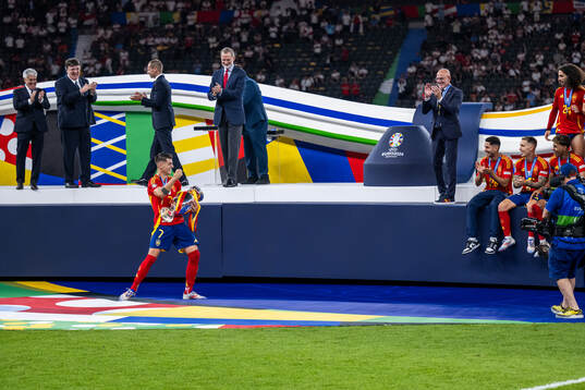 Alvaro Morata of Spain celebrates with the trophy