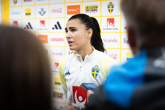 Goalkeeper Zecira Musovic of Sweden in mixed zone