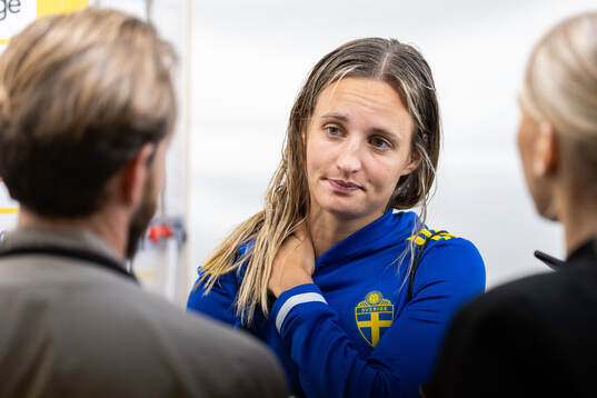 Nathalie Björn of Sweden in mixed zone
