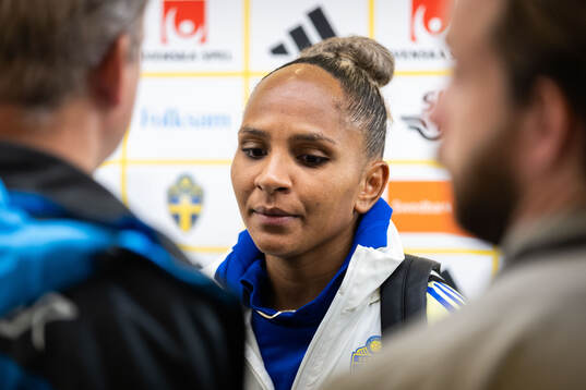 Madelen Janogy of Sweden in mixed zone
