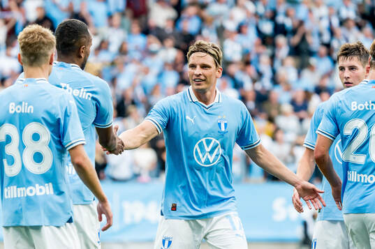 Jens Stryger and Hugo Bolin of Malmö FF celebrate the 2-0