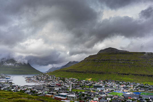General view of the town of Klaksvik and Djupumyra Stadium