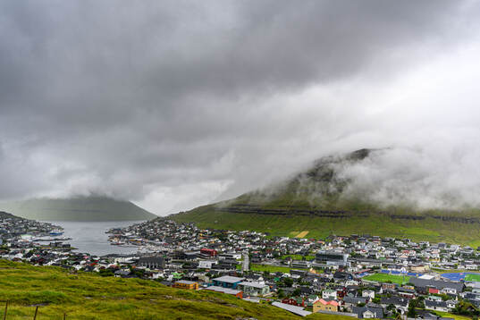 General view of the town of Klaksvik and Djupumyra Stadium
