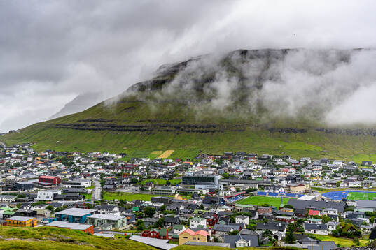 General view of the town of Klaksvik and Djupumyra Stadium