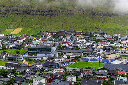 General view of the town of Klaksvik and Djupumyra Stadium