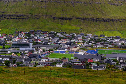 General view of the town of Klaksvik and Djupumyra Stadium