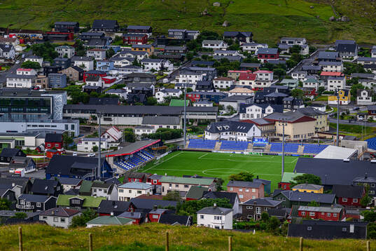 General view of the town of Klaksvik and Djupumyra Stadium
