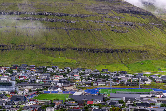 General view of the town of Klaksvik and Djupumyra Stadium