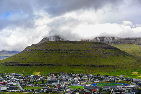 General view of the town of Klaksvik and Djupumyra Stadium