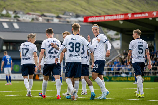 Erik Botheim and Hugo Bolin of Malmö FF celebrate the 1-1