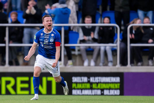Arni Frederiksberg of Klaksvik celebrates the 3-2 goal