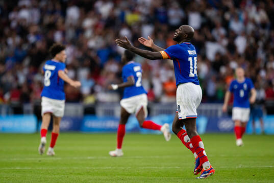 Jean-Philippe Mateta of France celebrates the 2-3 goal in