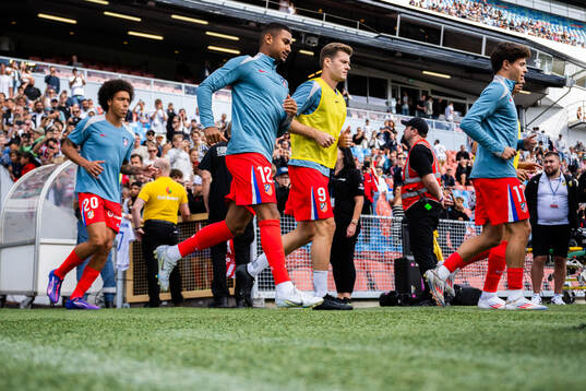 Samuel Lino and Alexander Sørloth of Atletico Madrid