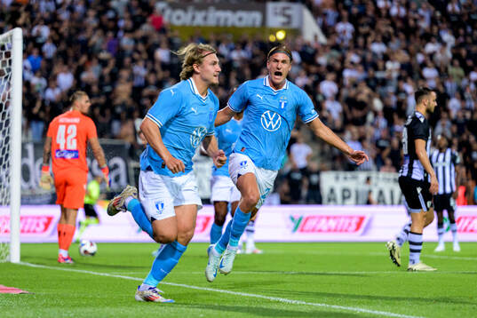 Sebastian Nanasi and Erik Botheim of Malmö FF celebrates