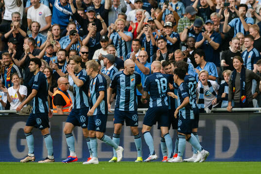 Players of Djurgården celebrate the 1-0 goal by Besard