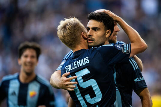 Deniz Hummet of Djurgården celebrates with Oskar Fallenius