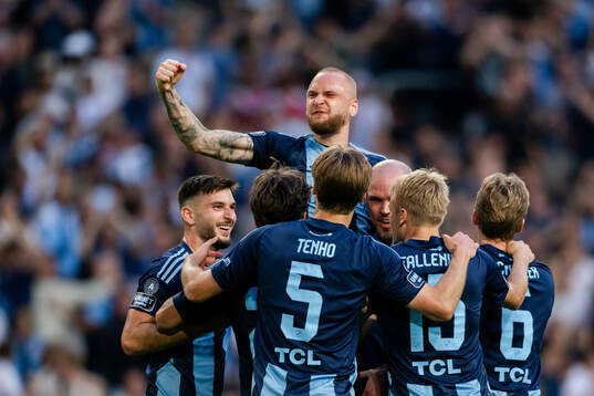 Players of Djurgården celebrate the 3-1 goal by Adam Ståhl