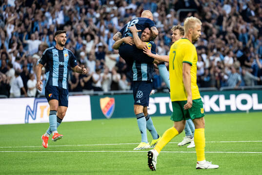 Adam Ståhl of Djurgården celebrates with Marcus Danielson