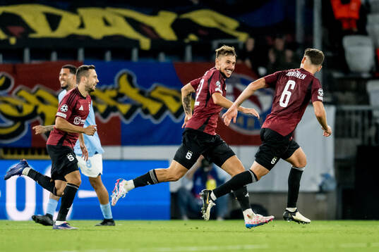 Matej Rynes of Sparta Prag celebrates