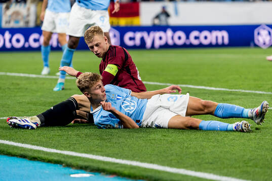 Hugo Bolin of Malmö FF and Filip Panak of Sparta Prag