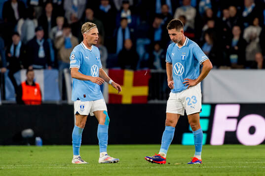 Jens Stryger and Lasse Berg Johnsen of Malmö FF look