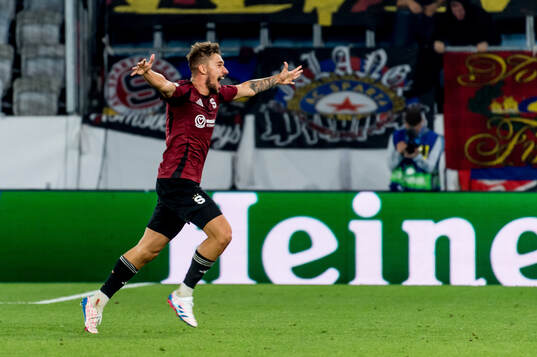 Matej Rynes of Sparta Prag celebrates
