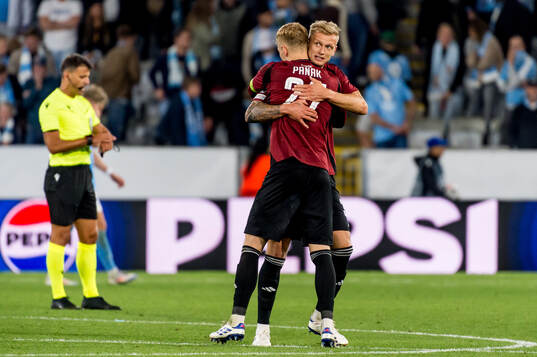 Filip Panak and Qazim Laci of Sparta Prag celebrate