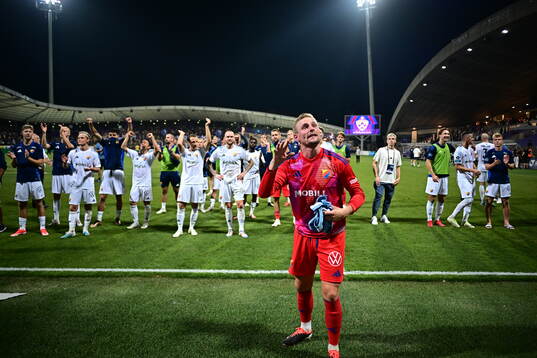 Goalkeeper Jacob Rinne of Djurgården celebrates