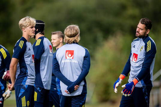 Lucas Bergvall and goalkeeper Kristoffer Nordfeldt of the