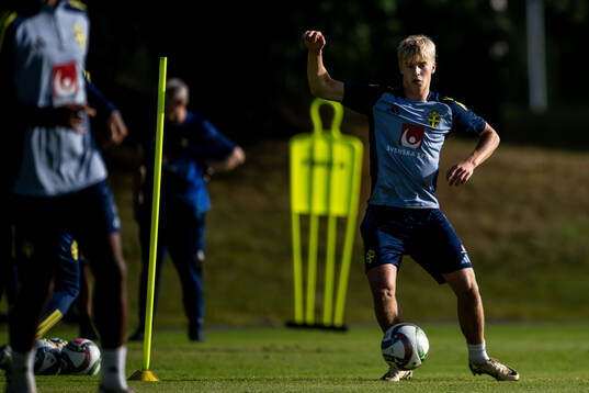 Lucas Bergvall of the Swedish national football team at a