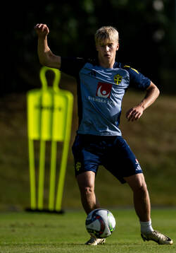 Lucas Bergvall of the Swedish national football team at a