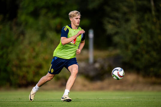 Lucas Bergvall of the Swedish national football team at a