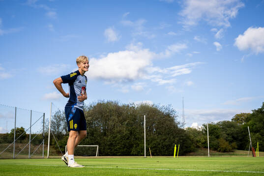 Lucas Bergvall of the Swedish national football team at a