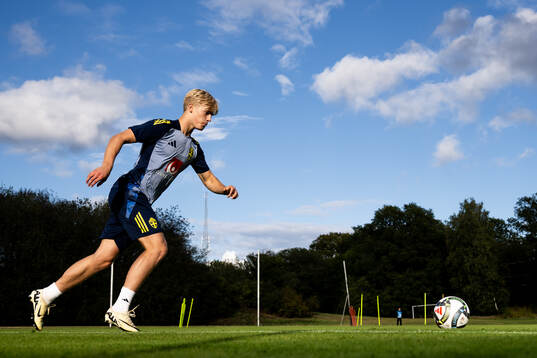 Lucas Bergvall of the Swedish national football team at a