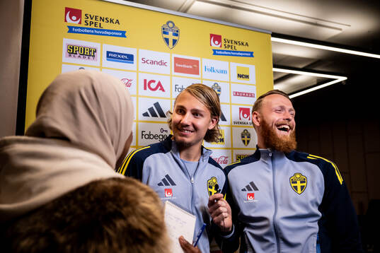 Sebastian Nanasi and goalkeeper Viktor Johansson of the