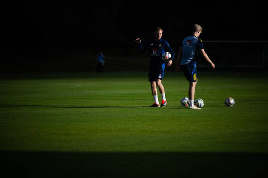 Assistant coach Sebastian Larsson and Lucas Bergwall of the