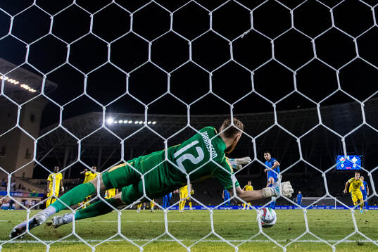 Goalkeeper Viktor Johansson of Sweden saves a penalty shot