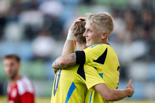 Hugo Bolin and Melker Widell of Sweden celebrate the 4-0